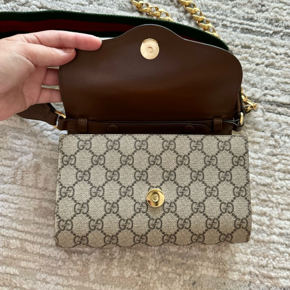 Gucci GG Supreme Horsebit 1955 Curved Flap Envelope Small Canvas Shoulder Bag - Picture 9 of 14
